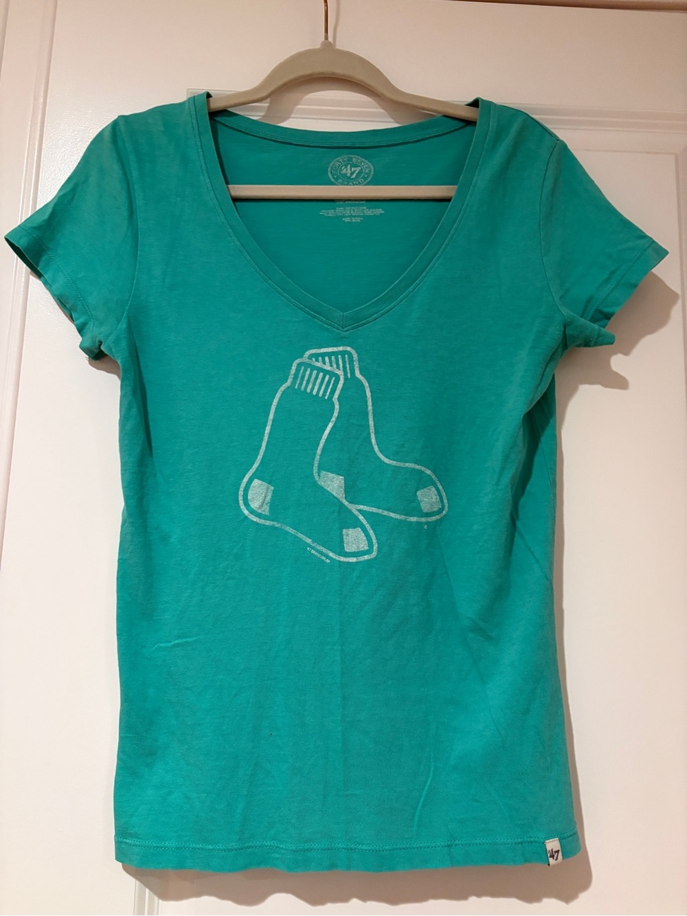 47 Women's Teal V-Neck Tee with Red Sox Graphic